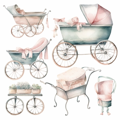 Generate a watercolor clipart series of classic baby items, such as prams, bassinets, and mobiles. The colors should be soft and soothing, with lots of pale blues, pinks, and yellows. The images should be detailed and sophisticated, with clean lines and refined details, white background