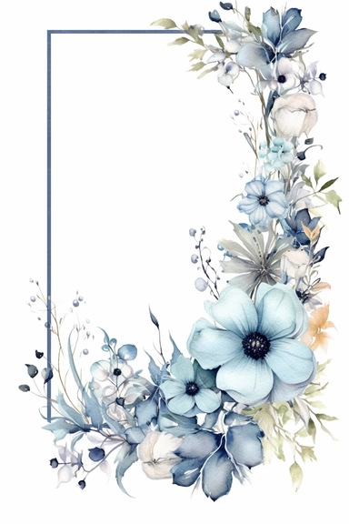 watercolor clipart of a empty suttle dainty floral rectangle frame surrounded by dusty blue color flowers. Capture the essence of blooming beauty and intricate details in your artwork, white background
