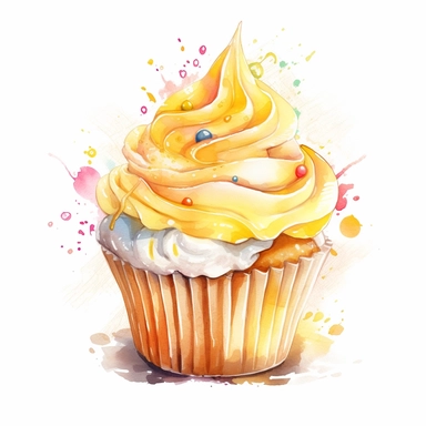 splash art watercolor clipart of a gorgeous pastel cupcake, empire yellow color, good composition, isolated white background, 16k