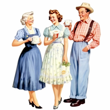 Vintage Illustration, An elderly couple, probably 60-70 years old, one of them with a glass of milk in his hand, cheesy 50s vintage clipart image by cynthia flanders, in the style of traditional costumes, photomontage, Full body view, whitcomb-girls, light indigo, gigantic scale, romanticized femininity, contrasting 8k