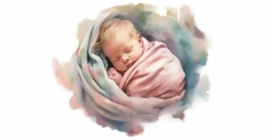 Adorable new baby wrapped up in soft fleece blanket, intricate, full body lying down, soft pastel colors, watercolour clipart, I can't believe how beautiful this is