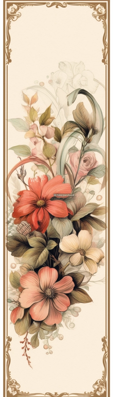 vintage inspired printable rectangle label with intricate sepia colored borders and hand drawn details. detailed with soft watercolor flowers at top edge only. No text. Isolated clipart on solid white background