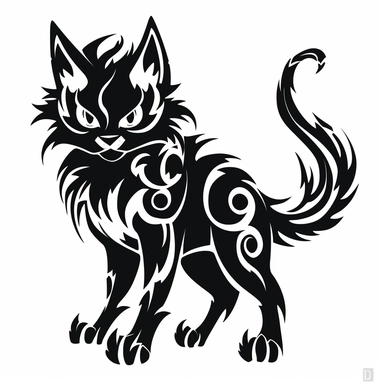 entire body dancing fire kitten dragon. crawling, clawing. grinning. screaming. 4 legs. ready to pounce. thrashing tail. profile view. black only, flat image, no shadows, no depth. black and white only. tribal animal clipart, laser cut design, white background, black cutout design