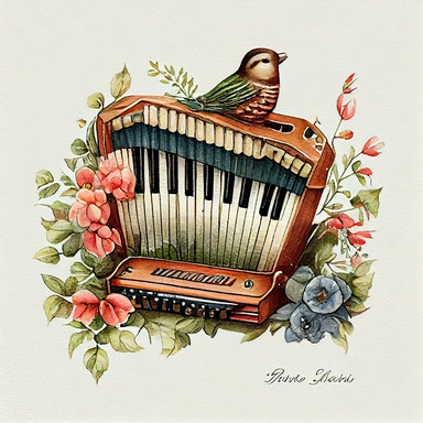 Old A Hohner Mignon child's piano accordion ( a little floral, tiny bird on it) watercolor clipart