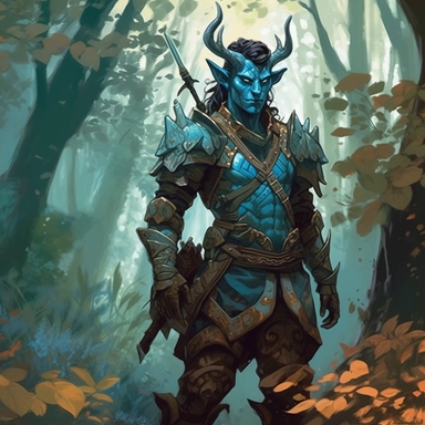 dungeons and dragons blue tiefling ranger in woodland, background lush forest, entire body view, thorn armor, clipart,