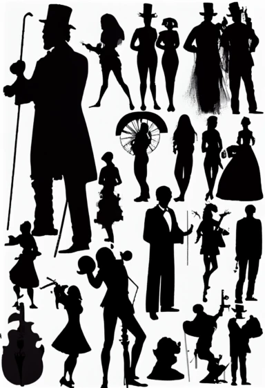 silhouettes of people, Quattrocento, jugglers, musicians, performers, circus acts, madmen, Brueghel. Bizarre, whimsical, random, victorian, theatrical, funny. Black and white clipart collection, white background
