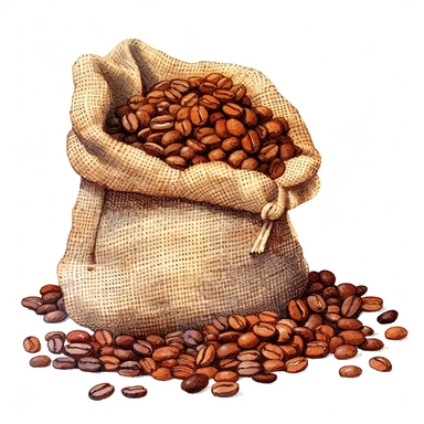 A burlap sack overflowing with rich coffee beans, with a scattering of beans (Watercolor clipart, white background, no text.)