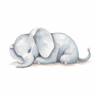 Cute sleeping baby elephant, watercolor handpainted clipart as seen on Etsy. Cartoonish appearance with exaggerated body proportions, but atomically correct limb positions and number. Elephant is lying down, with legs tucked under his body, trunk curled a