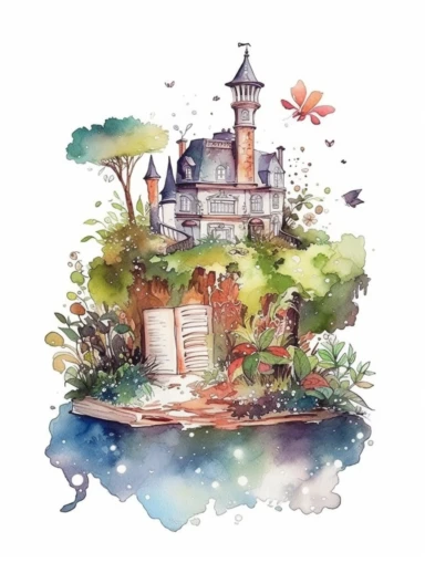 Watercolor clipart with white background, open book, magical fantasy kingdom, secret garden, flat design, clearly defined, high quality clipart