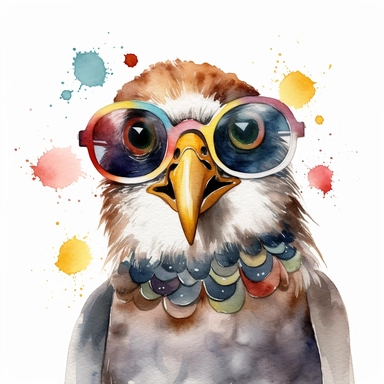 please create watercolor clipart of a hawk smiling, wearing party GLASSES AND PARTY POPPERS, colorful, WHITE BACKGROUND
