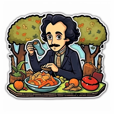 whimsical, cute, cartoon, clipart, edgar allen poe having a picnic, sticker