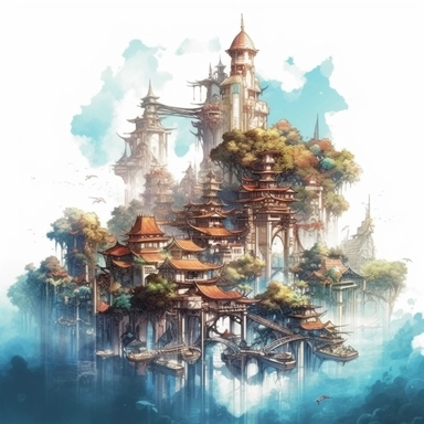 a magical floating city in the hevens, Takehisa Yumeji's art style, soft, glowing watercolour clipart, isolated clipart, white background