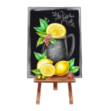 vibrant clipart featuring pitcher lemonade in watercolor style, High Contrast, Blackboard, pastel art drawing on chalkboard with easel against white background