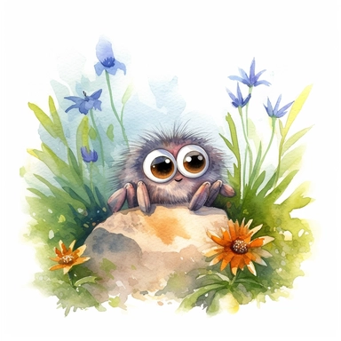 children book illustration. cartoon spider happy in a garden. Watercolor clipart. Pixar animation