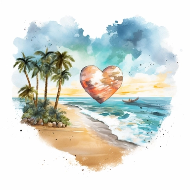 Heart beach, retro beach, beach heart, sunshine, watercolor beach heart clipart, hd, on white background, spaced out ar 3:2-- s1000