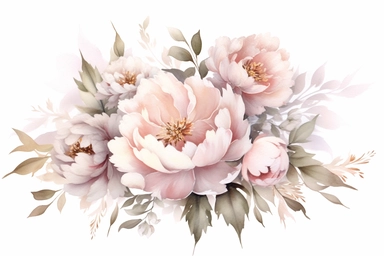 Dusty pink and white flowers, peonies, austin roses, big blooms, with muted green whispy foliage with gold flicks, elegant and beautiful floral clipart for wedding invitations, delicate, watercolor, oil painting, defined edge on white background