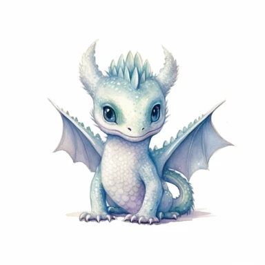 watercolor, white background, no text, clipart of the adorable white baby dragon in this clipart is a unique and enchanting creature. It has a small, plump body covered in soft, fluffy scales that glisten with a pearlescent sheen. Its round eyes, filled with curiosity, sparkle in shades of gentle blue. The dragon's tiny, delicate wings are beautifully detailed, featuring a feathery texture with hints of iridescent colors. This charming dragon stands on four short, chubby legs, each ending with t