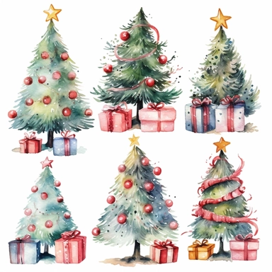 Watercolor christmas trees with christmas ornaments with gift boxes underneath, illustrations clipart set, simple, christmas colors , cartoon elements, different variants , candy cane, hollybell, bow, separate elements with a margin
