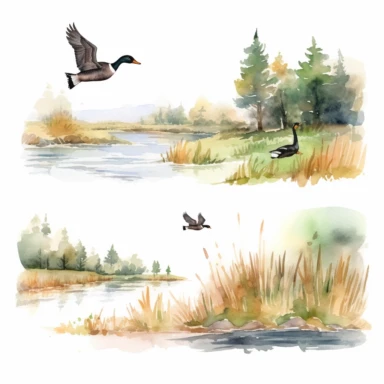 watercolor hunting scene in forest or fields with lake in vicinity where duck flocks take off in numbers , illustrations clipart set, simple, , cartoon elements ,different variants , natural elements, separate elements with a margin, ,4k, high resolution, , natural colors, vibrant green tones, birds and ducks