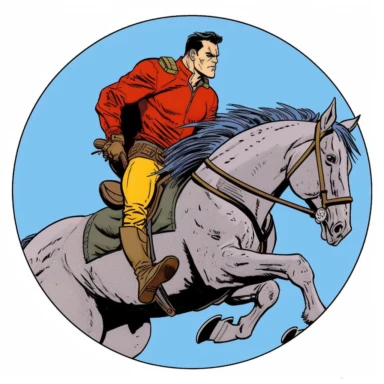 attacking knight ranger horse rider, Frank Quitely Mike Allred Mad Max enamel punk zine indie retrowave, clipart illustration, circular solid background circular border