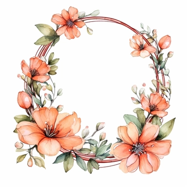 watercolor clipart of a empty suttle dainty floral oval frame surrounded by peach color flowers. Capture the essence of blooming beauty and intricate details in your artwork, white background