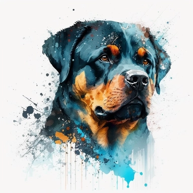 the Rottweiler is painted beautifully with watercolor splashes, in the style of light azure and dark amber, uhd image, avacadopunk, ferrania p30, elegant, emotive faces, high resolution, symmetrical, white background, no overflow, clipart