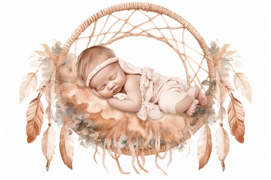 cute watercolor newborn boho woven macrame sleeping baby, isolated white background, babyshower clipart, 8k, bright beige boho colors