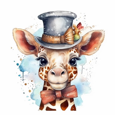 a captivating watercolor clipart image with a white background and white margins, featuring a cute sweet kawaii extremely happy smiling baby giraffe in a hat and a tie. The ultra-detailed, hand-drawn elements capture the details. Use vibrant shades of various colors to create a visually appealing image