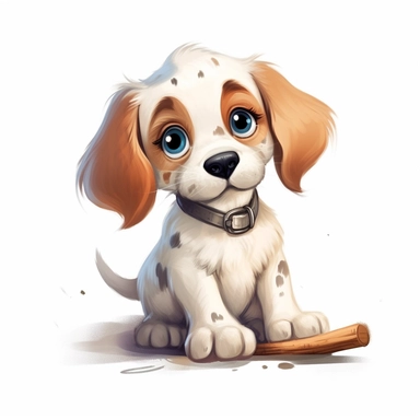 cartoon clipart, wathercolor of art adorably puppy on white background, simple and Adorable little puppy sitting on the ground with a bone in its mouth, big eyes and a friendly expression, cleaning