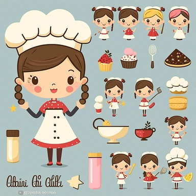 cute cook girl character clipart set