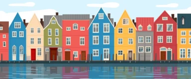 in playful clipart style, Craft an abstract image with a 45:19 aspect ratio that depicts a Scandinavian coastal scene. Create a balance between the geometric representation of the Nordic-style houses and the abstract interpretation of the ocean's ebb and flow. The color palette should be dominated by cool tones of blues and greys, punctuated by warm accents reflecting the Scandinavian houses. The scene should evoke the peaceful coexistence between nature and Scandinavian architecture, an abstrac