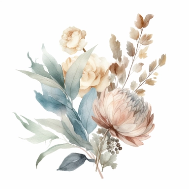 pastel watercolor, pompus dried flower, top right-hand corner scroll ideal for a wedding stationery, clipart