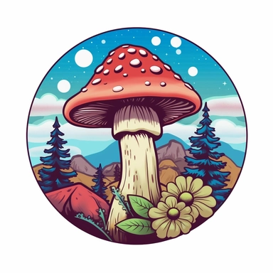 graphic bold, magic mushroom round logo, clipart, Colorado state flag colors