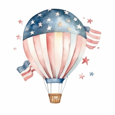 A watercolor clip-art featuring a whimsical illustration of a hot air balloon adorned with stars and stripes, floating against a white background. The soft pastel hues and delicate brushstrokes give it a dreamy and celebratory vibe.