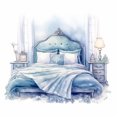 watercolor clipart of a cute vintage bedroom, sparkles, cosy winter wonderland vibes, isolated on white background