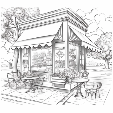 coloring book page, bakery windows,clipart,image of cute bakery,coffee shop,simple and cute,tree on side,bench infront,with awning,for watercolor painting,clean and simple line art for decorative painting