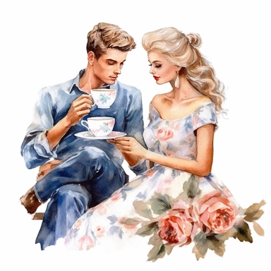 beauty couple drinking coffee, vintage cups, flower digital clipart on white background