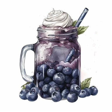 1970s style Blueberry milkshakes in one mason jar, watercolor hand drawn illustration sublimation clipart, isolated on white background for removing background no text shadow font watermark