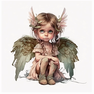 boho little fairy girl, big eyes, with wings on her back, beautiful, she is sitting facing west and her head is turned towards camera, very detailed and realistic, watercolor, white background with margins, clipart style