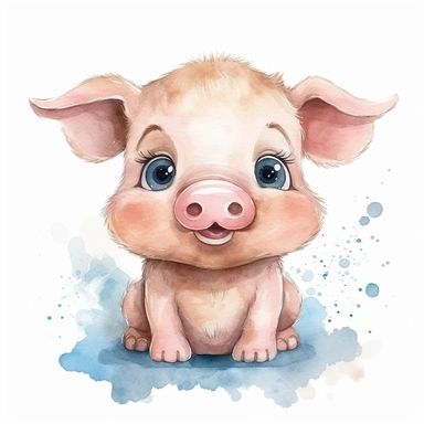 Cute piggy clipart with watercolor illustration, kawaii, big eyes, smiling