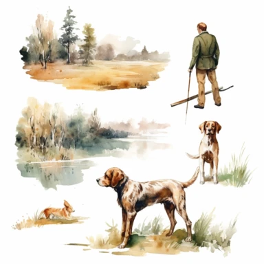 watercolor hunting scene in forest or fields with lake in vicinity on white background with setter and pointer dogs in pointing stand , illustrations clipart set, simple, , cartoon elements ,different variants , natural elements, separate elements with a margin, ,4k, high resolution, , natural colors, vibrant green tones, birds,