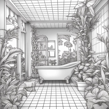 coloring page for adults, bathroom, urban jungle, clipart style, monsetra deliciosa, no shading, thin lines, only white--ar 9:11