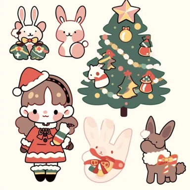 kahles xmas stickers vector collection | ornament vectors clipart stickers, in the style of kawaii manga, simplified line work, animal figurines, lacquer painting, plush doll art, intersecting lines, multi-layered figures, 8k