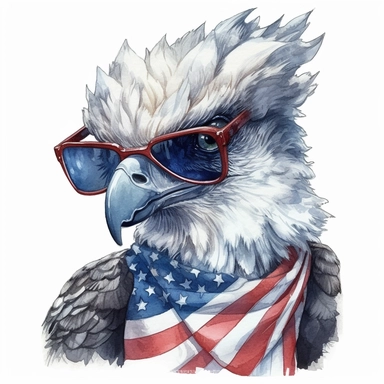 closeups shot, low angle, watercolor style, Harpy eagle, wears American flag scarf and sunglasses, hyper-realistic animal illustrations, 2d game art, quadratura, clipart, on white background,