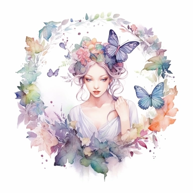 watercolor, hyper realistic, white background, white margins, 16k, ultra detailed clipart, cut out image, hand-drawn goddess surrounded by a garden of blooming flowers. Use soft pastel colors and include elements like butterflies, hummingbirds, and swirling petals to enhance the whimsical feel. Soft Pastels - Create a dreamy atmosphere with a color scheme consisting of delicate pastel shades like lavender, mint green, baby blue, and pale pink
