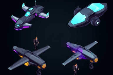 isometric game sprite, clipart, futuristic family flying vehicle concept, gaming asset, sci-fi, fun, creative, cartoon render, hyper-detailed, black background, inspired by one random famous product designer, inspired by one random famous sci-fi movie, inspired by one famous architect, inspired by one random famous artist, inspired by one famous architect