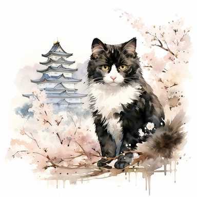 Ragdoll Cat wearing a dark-colored Japanese kimono wanders under the grand Osaka Castle, surrounded by cherry blossoms in the park below. Clipart Watercolor By Yuzo Komori. clean line, on white background only, spaced out, with space around.