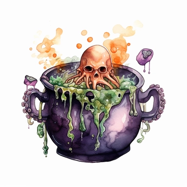 hand drawn black cauldron with bubbling potion, large bone in the cauldron, an octopus tentacle coming out of cauldron and hanging on the side, Halloween, purple orange and green shades, fantasy, glamorous, clipart style, detailed and realistic, watercolor, white background with margins