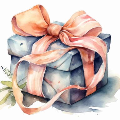 a watercolor illustration of a wrapped gift wrapped ,it has a beautiful silk ribbon bow, Beatrice potter illustration,32k,hand painted details, amazing pastel colours,aquarellist,hd,white background,clipart
