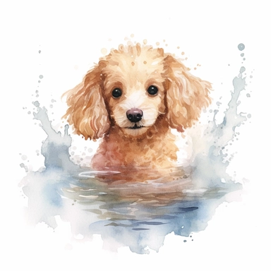 a charming watercolor clipart image of a Poodle with a white background, swimming